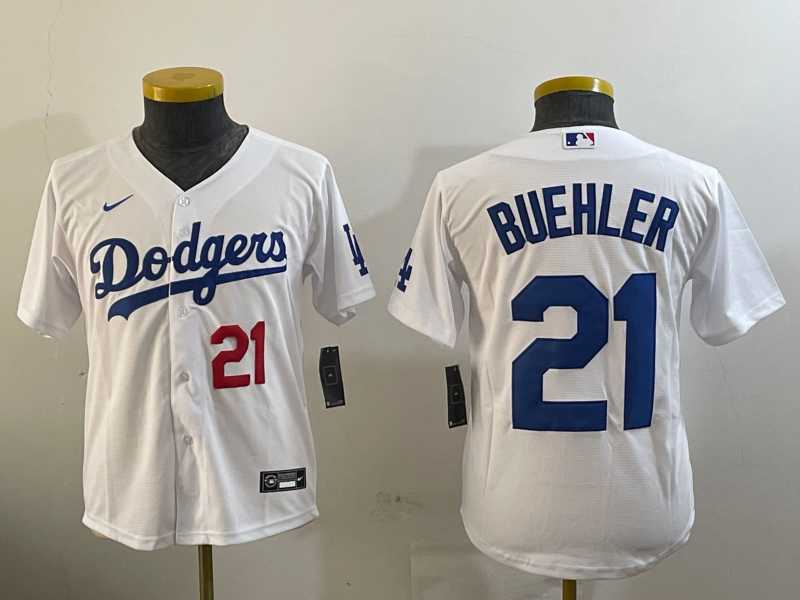 Youth Los Angeles Dodgers #21 Walker Buehler Number White Stitched Cool Base Nike Jersey